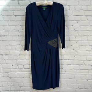 Lauren Ralph Lauren Women's V-Neck Knee Length Wrap Cocktail Dress, Size 8, Navy